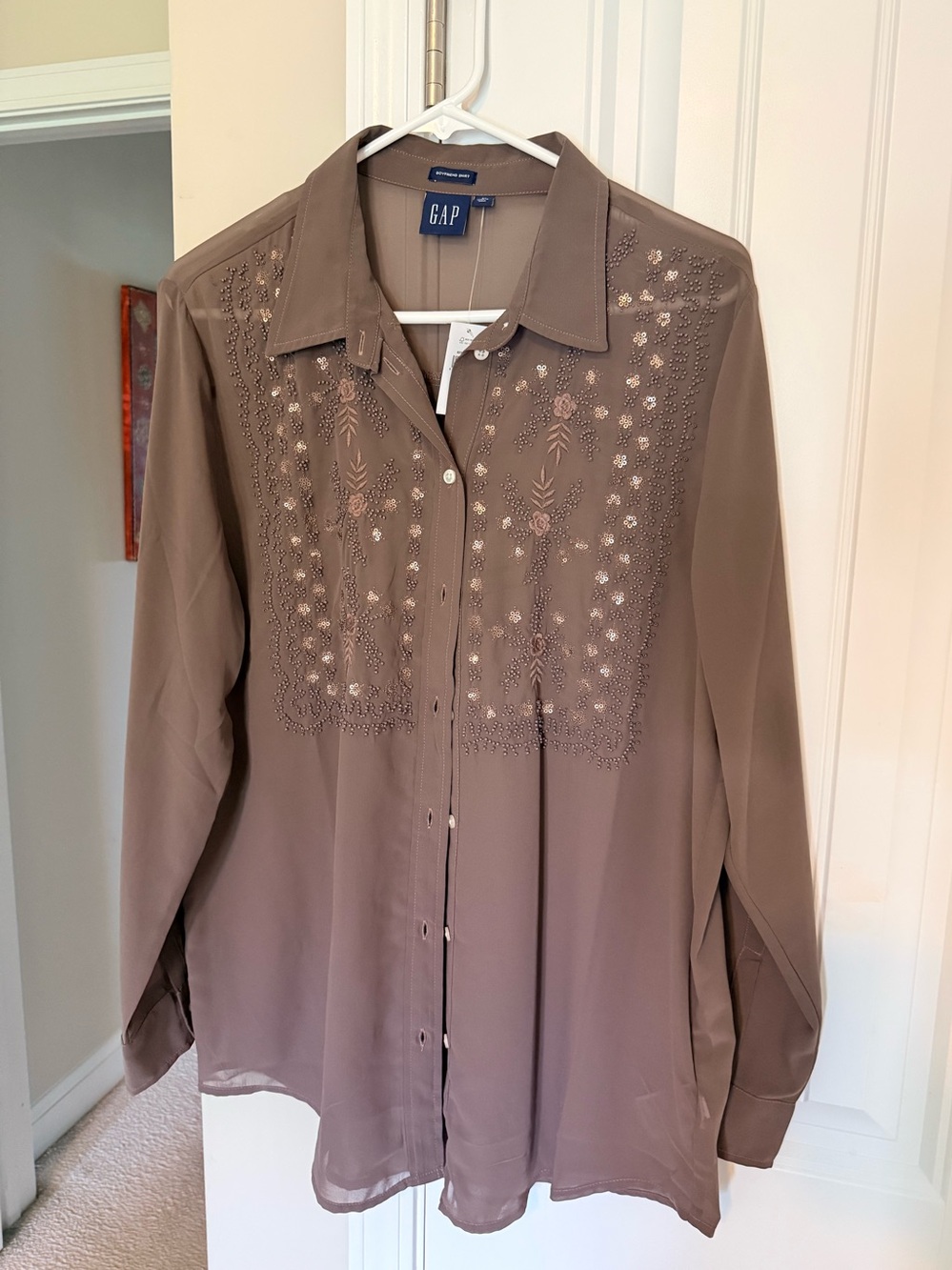 GAP Women's Taupe Sheer Embroidered Button-Down Shirt